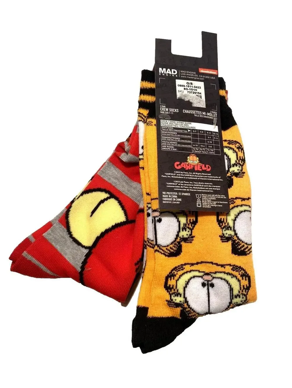 Garfield & Odie Cartoon Crew Socks 2-Pack, Red & Orange Graphic, One Size, New